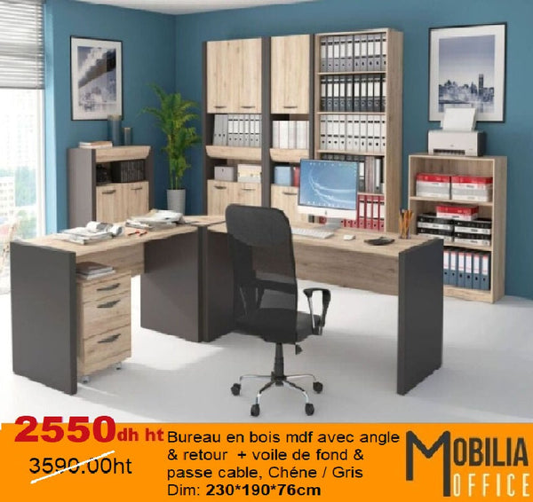 ENSEMBLE BUREAU AVEC ANGLE ET  RETOUR 230*190CM