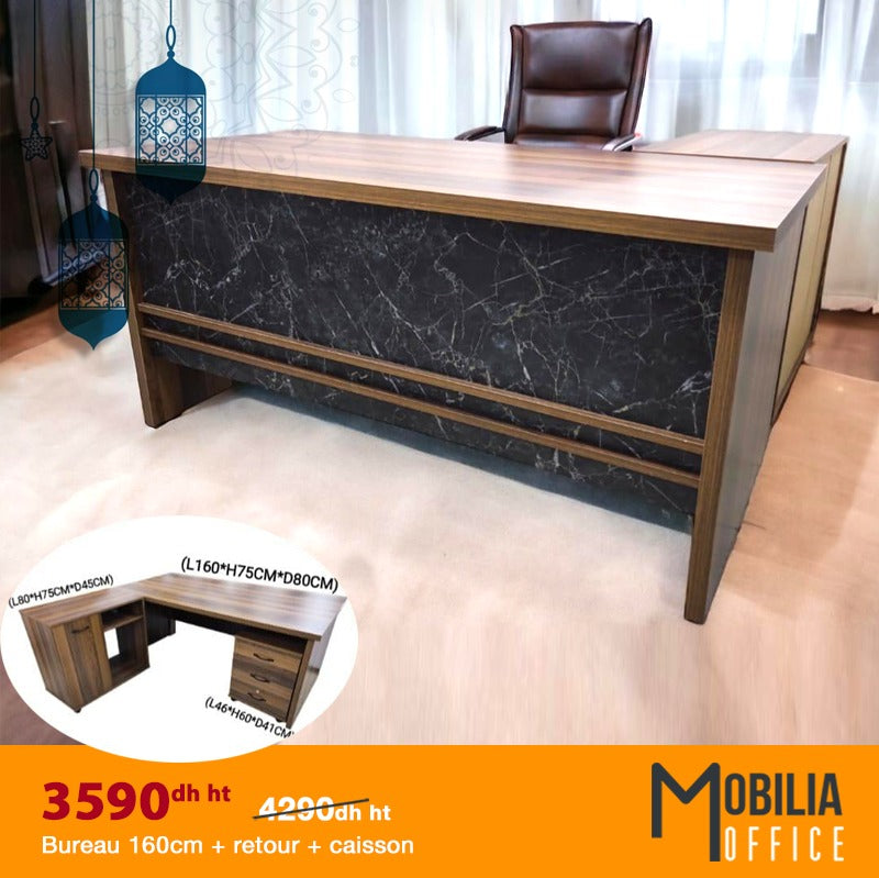 Bureau 160cm + retour + caisson dispo en 180cm prix 3890 dh ht