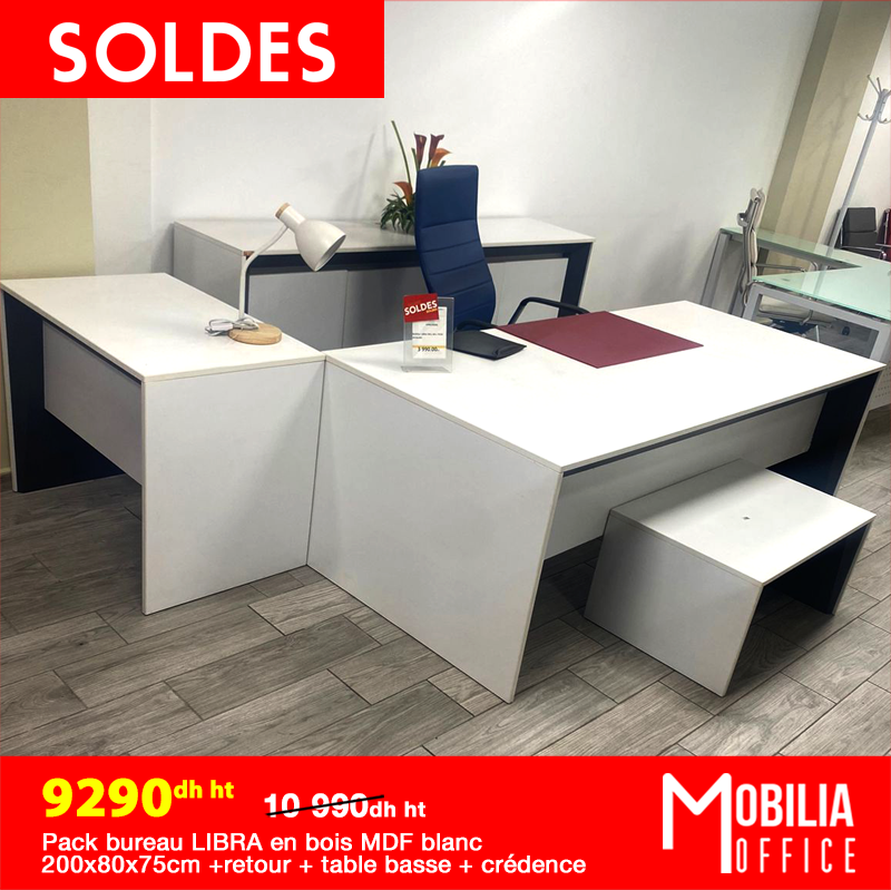 PACK BUREAU LIBRA EN BOIS MDF BLANC 200*80CM + RETOUR + TABLE BASSE +CREDENCE